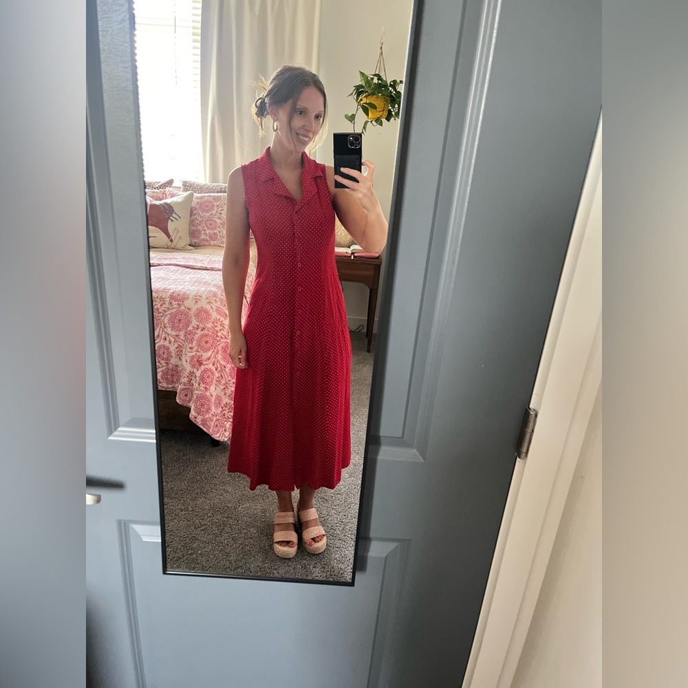 Vintage 90s red polka-dot button-up maxi dress.